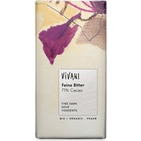 Vivani Organic 71% Dark Chocolate bar, 80g, with abstract purple and yellow floral design on white packaging.