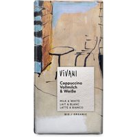 Vivani Organic Milk & White Cappuccino Chocolate, 100g bar with artistic cafe-themed wrapper design.