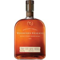 Woodford Reserve Bourbon Whiskey 70cl bottle, rectangular shape, amber liquid, brown cap, and gold label detailing.