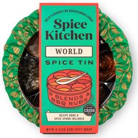 World Spice Gift Tin with green sari wrap, featuring 9 spice blends and BBQ rubs, labeled by Spice Kitchen.