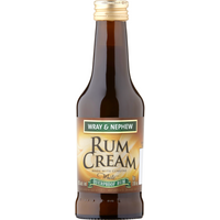 Brown glass bottle of Wray & Nephew Rum Cream 20cl with gold cap and green label featuring cream text.