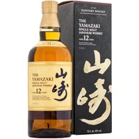Yamazaki 12 Year Japanese Whisky 70cl bottle with gold label and black kanji, next to black box with gold accents.