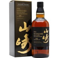 Yamazaki 18 Year Old Japanese Single Malt Whisky bottle with black and gold label, accompanied by a matching gift box.