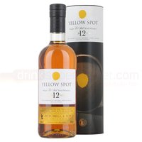 Yellow Spot 12 Year Irish Whiskey 70cl bottle with yellow label and black cap, next to a black cylindrical box.