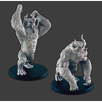 Gray Yeti figurines with muscular build, horned heads, and black bases, one standing with arms raised, the other crouching.