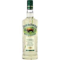 Zubrowka Bison Grass Vodka 70cl bottle with green cap, bison image, and grass design on clear glass.