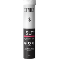 STYRKR SLT07 Hydration Tablets tube, white top, black label with pink accents, 86g, displaying logos and text.