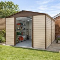 Brown Yardmaster metal shed with shiplap panels, double sliding doors, and peaked roof, set on a concrete base.