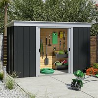Anthracite metal shed with sliding doors, silver trim, and wood interior, surrounded by garden tools and plants.