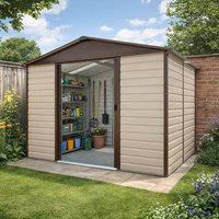 Brown Yardmaster Shiplap Metal Shed, 10' x 8', with sliding door, beige panels, and brown trim, on a garden patio.