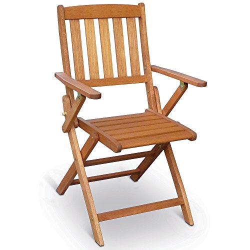 Two wooden folding chairs with a natural finish, featuring slatted backs and seats, armrests, and a compact design for easy storage.