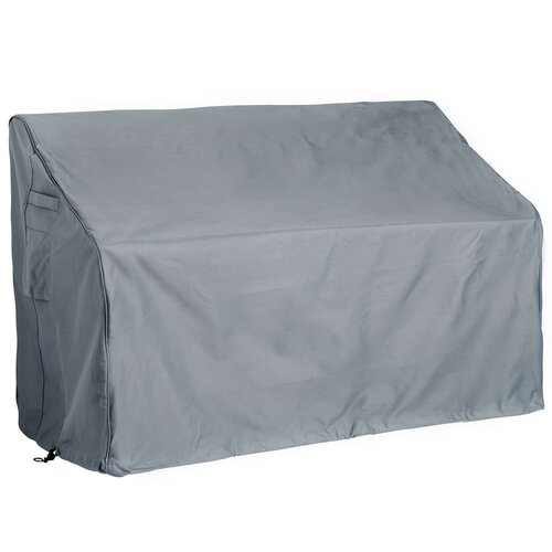 Grey waterproof bench cover designed for a two-seater, featuring a fitted shape and adjustable drawstring for secure fit, made from durable material to protect against weather elements.