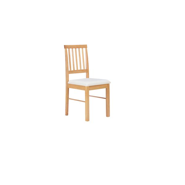 Square drop leaf table and two matching chairs in solid oak finish, featuring a natural wood grain and a simple, modern design with a white cushioned seat.