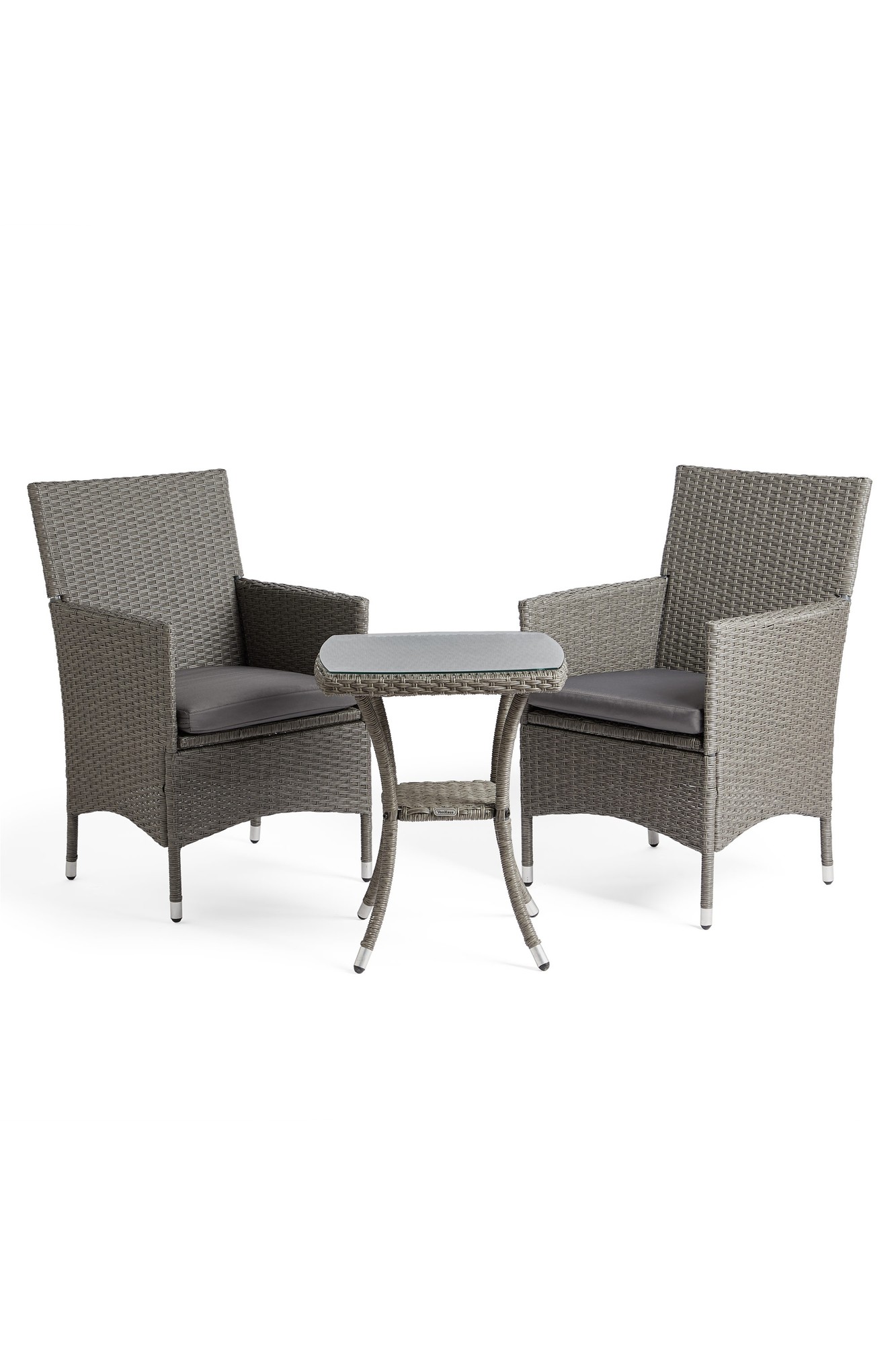 Two-seater grey rattan garden bistro set featuring two armchairs with cushions and a small round table, all with a woven texture and sturdy metal legs.