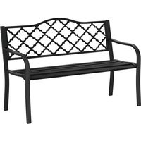 Antique steel 2-seater garden bench with decorative lattice backrest and curved armrests.