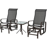 Black mesh outdoor swing chairs with curved armrests and square glass-top tea table.