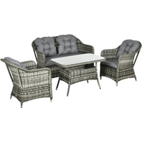 4-piece rattan garden furniture set with padded cushions and glass top table, includes sofa and two armchairs.