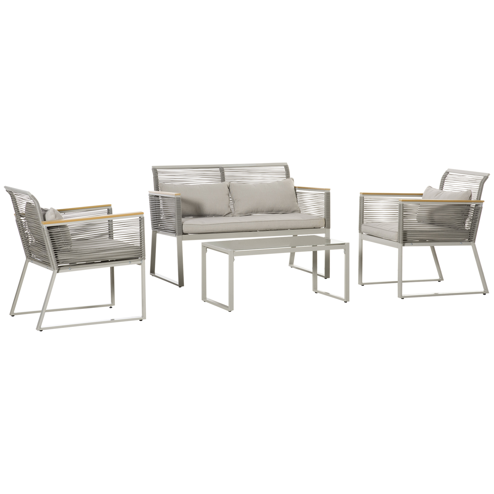 Grey 4-seater patio wicker sofa set featuring a metal frame, round PE rattan wrapping, plush cushions, and a tempered glass coffee table, ideal for outdoor use.