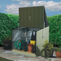 Green Trimetals garden metal storage unit with hinged lid, open to reveal garden tools and equipment inside.