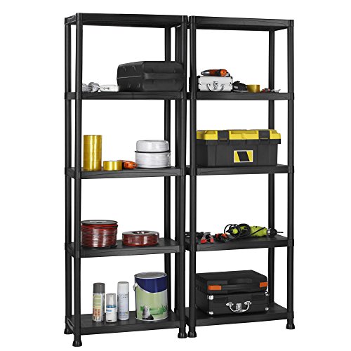 Five-tier black shelving unit made of durable metal, featuring multiple shelves displaying various storage boxes, tools, and cans, designed for organization and easy access.
