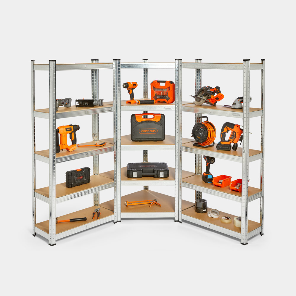 5-tier silver galvanised steel corner shelving unit by VonHaus, featuring sturdy shelves, tools, and storage boxes, ideal for organizing garage or workshop spaces.