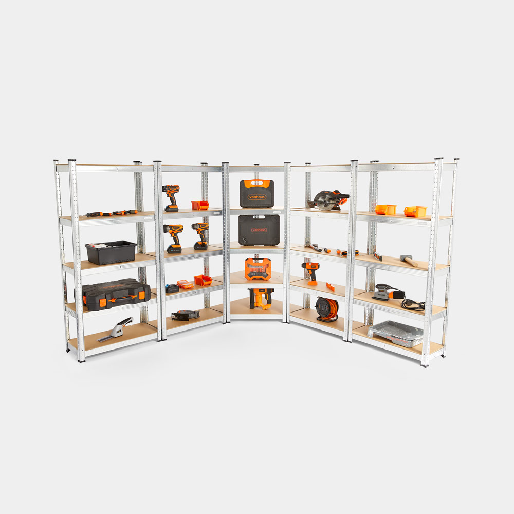 5-tier corner shelving unit in silver galvanised steel, featuring multiple shelves, showcasing various tools and storage boxes, ideal for maximizing corner space.
