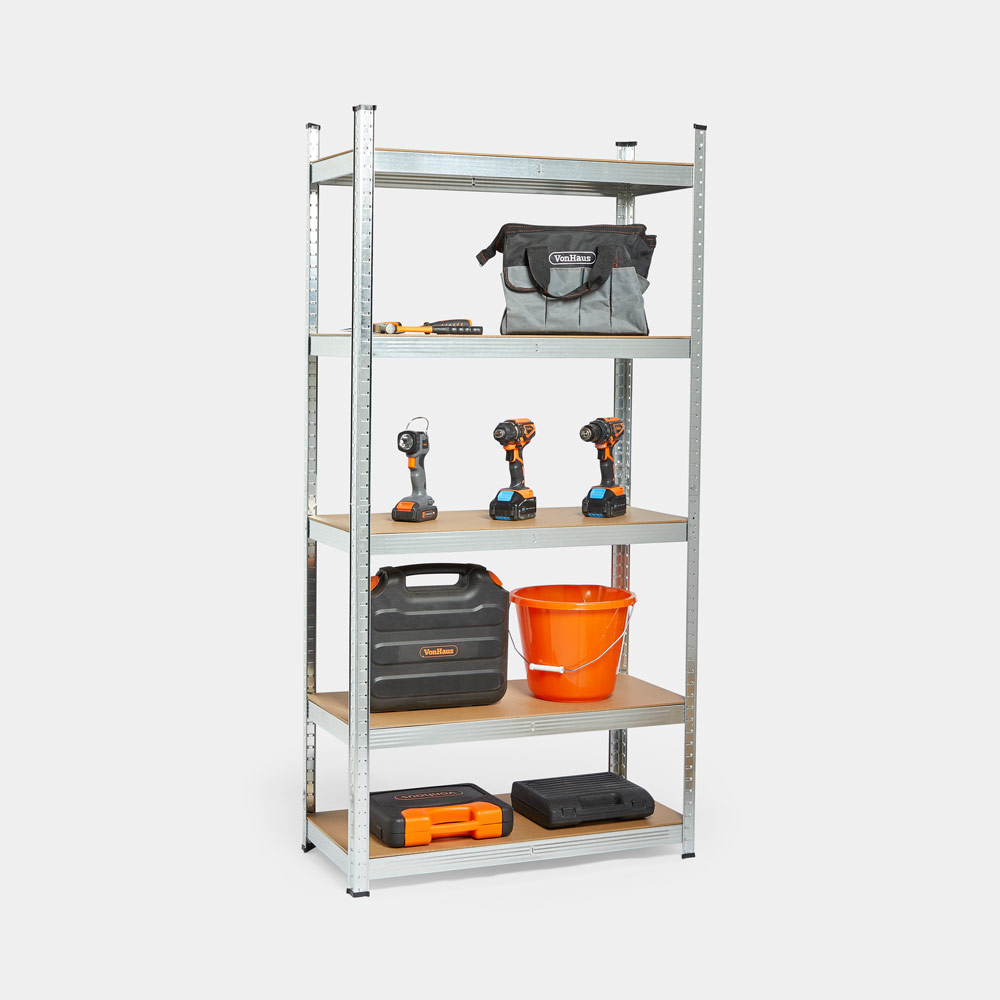 5-tier shelving unit made of galvanised steel in silver, featuring wooden shelves, tools, a bucket, and a toolbox, measuring 180 x 90 x 40 cm.