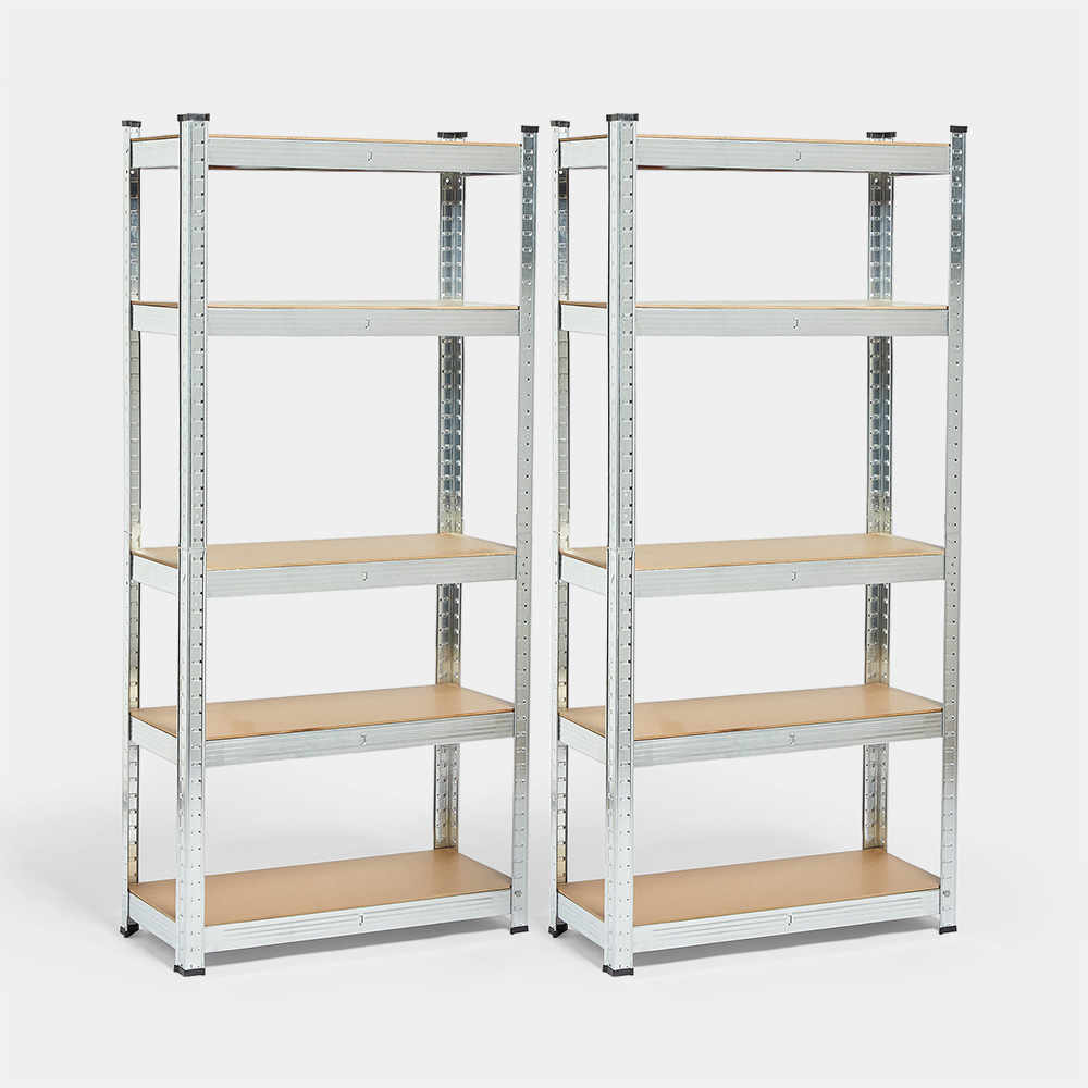 Two 5-tier shelving units made of galvanised steel in silver, featuring wooden shelves, measuring 150 x 70 x 30 cm each, with adjustable height options.
