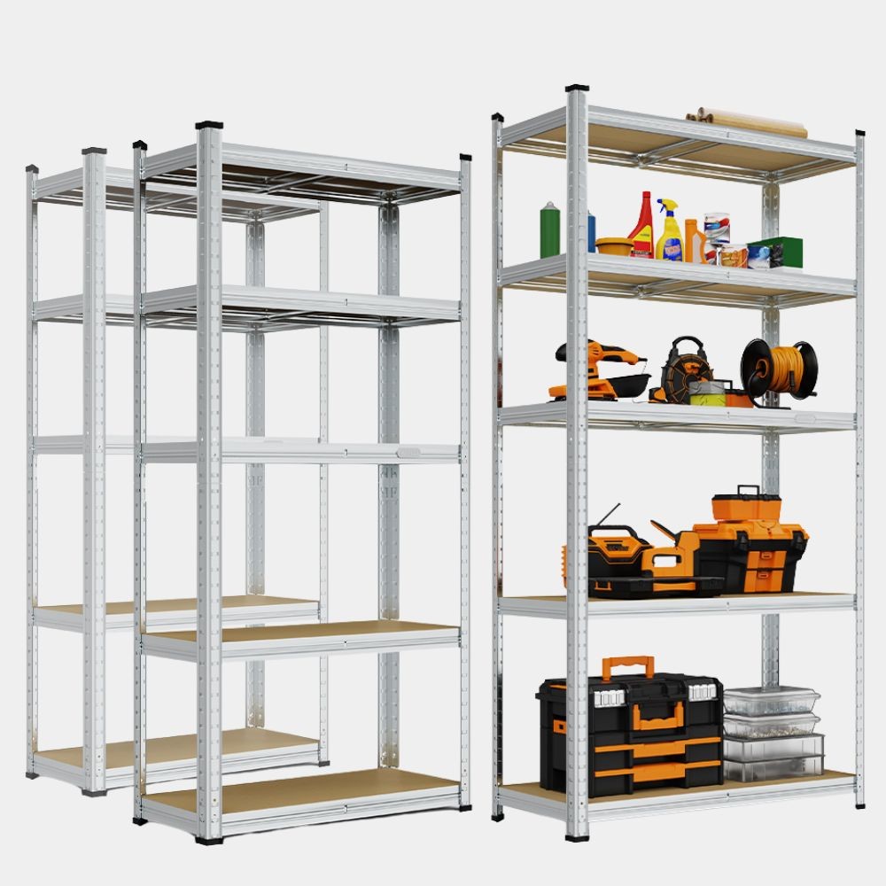 Five-tier shelving unit in silver galvanised steel, featuring sturdy shelves with a wooden finish, ideal for storage, displayed with various tools and cleaning supplies.