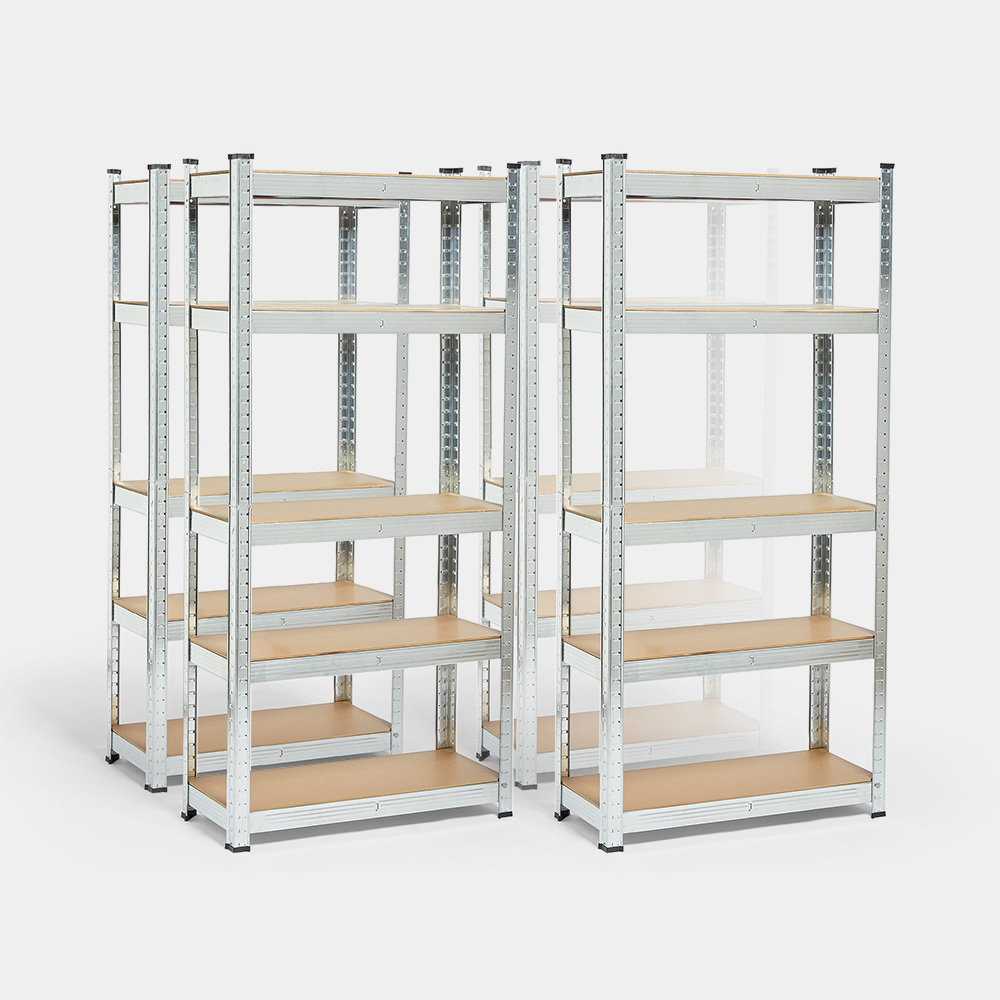 Five-tier shelving units in silver galvanised steel with wooden shelves, measuring 150x70x30cm, arranged in a set of four.