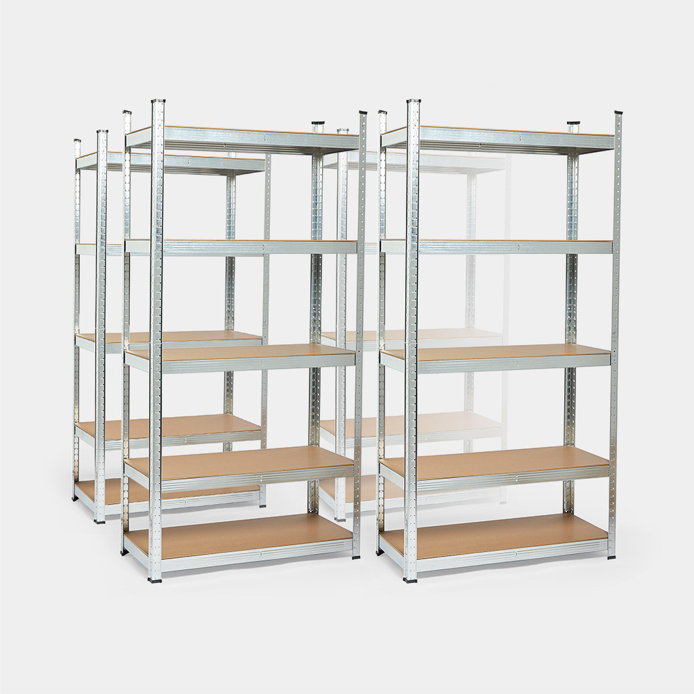 Five-tier shelving units in silver galvanised steel with wooden shelves, measuring 180 x 90 x 40cm, arranged in two sets of two.