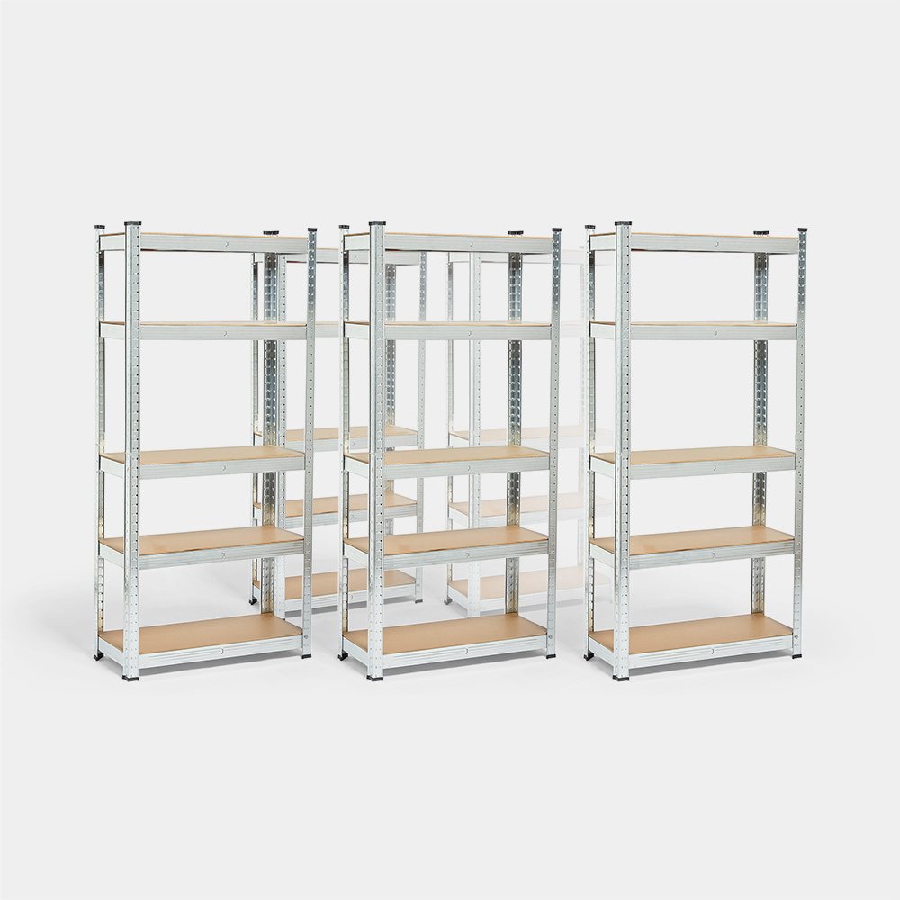 Five-tier shelving unit made of galvanised steel with a silver finish, featuring wooden shelves, sturdy frame, and adjustable height, measuring 150 x 70 x 30 cm.