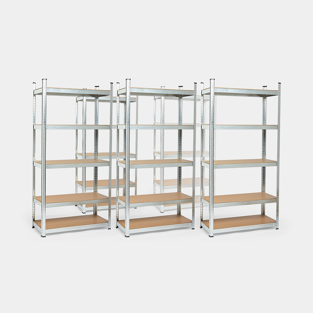 Five silver galvanised steel shelving units with five tiers each, featuring wooden shelves, measuring 180 x 90 x 40 cm, arranged in a row.