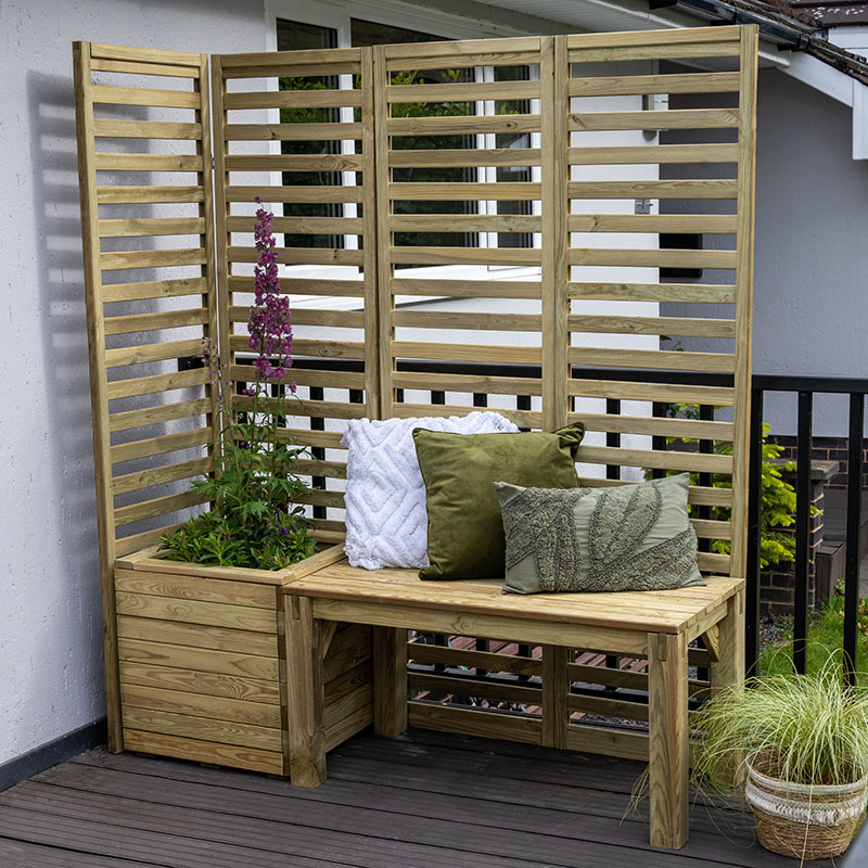 Modular wooden garden seating set in natural wood finish, featuring slatted backrest, a bench, and planters with cushions, ideal for outdoor relaxation.