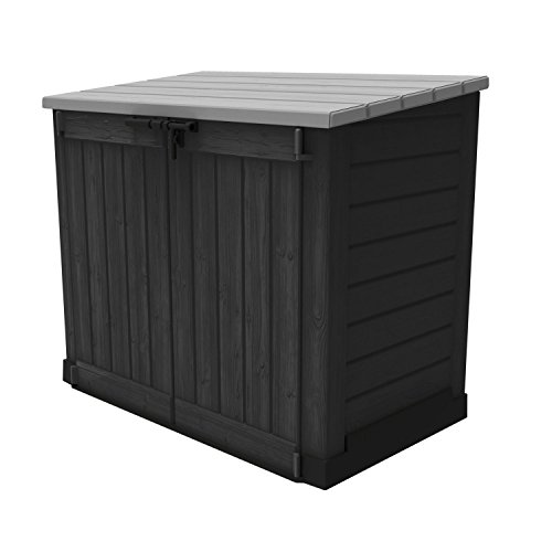 Large 1200L Keter Hideaway storage unit in dark wood-like plastic with a gray slatted lid, featuring double doors and a lock for secure storage.
