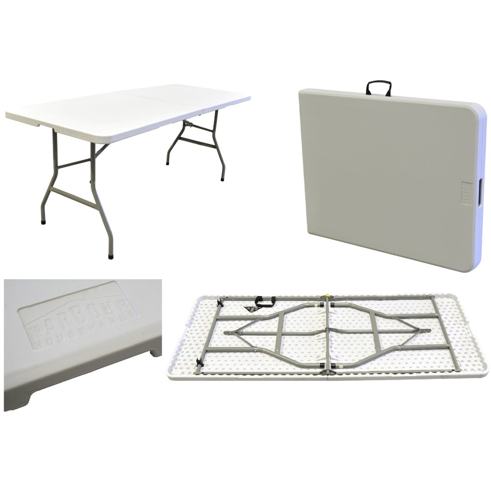 White rectangular folding trestle table measuring 180cm, featuring a smooth surface, sturdy metal legs, and a convenient carrying handle for easy transport.