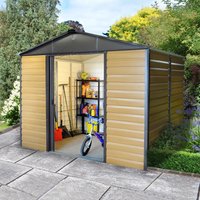 Brown and gray metal shed with double sliding doors, gable roof, and interior shelving, set in a garden.
