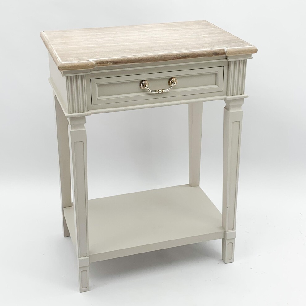 Stylish white wooden side table with a natural wood top, one drawer featuring a gold handle, and a lower shelf for additional storage.