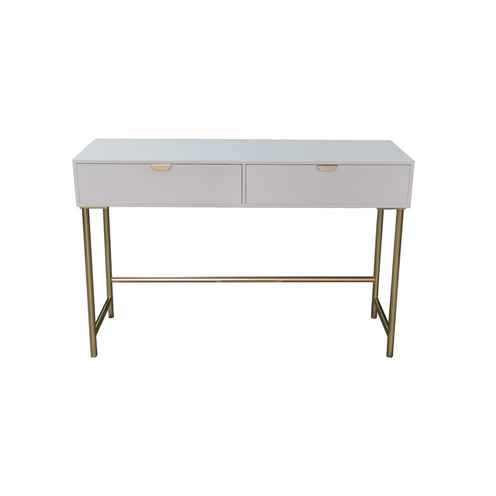 White wooden bedside table with two drawers, featuring gold handles and a sleek metal frame, measuring L40 x W120 x H76 cm.