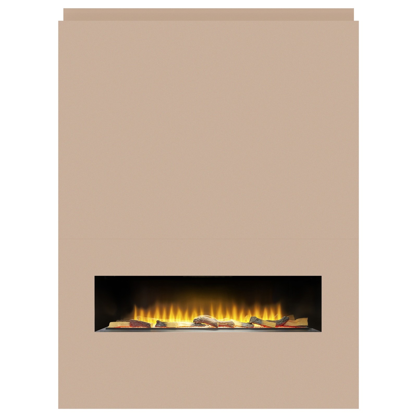 Sleek beige wall-mounted electric inset fire featuring a realistic flame effect and a fully inset media wall design, ideal for modern interiors.