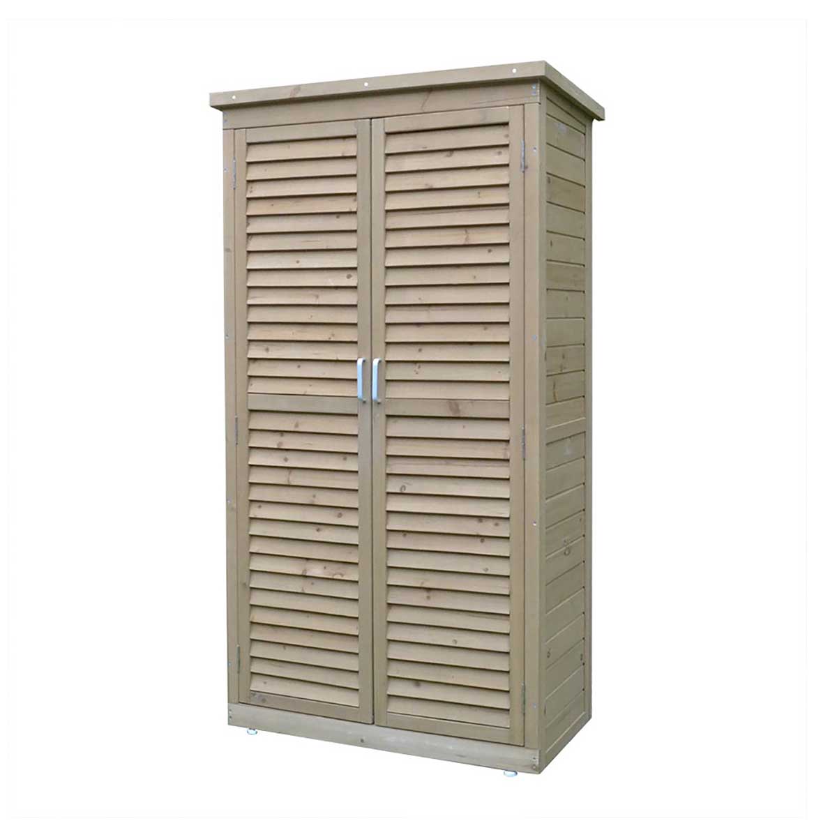 Brown wooden garden storage unit with slatted doors and a flat top, featuring a sturdy design and metal handles for easy access.