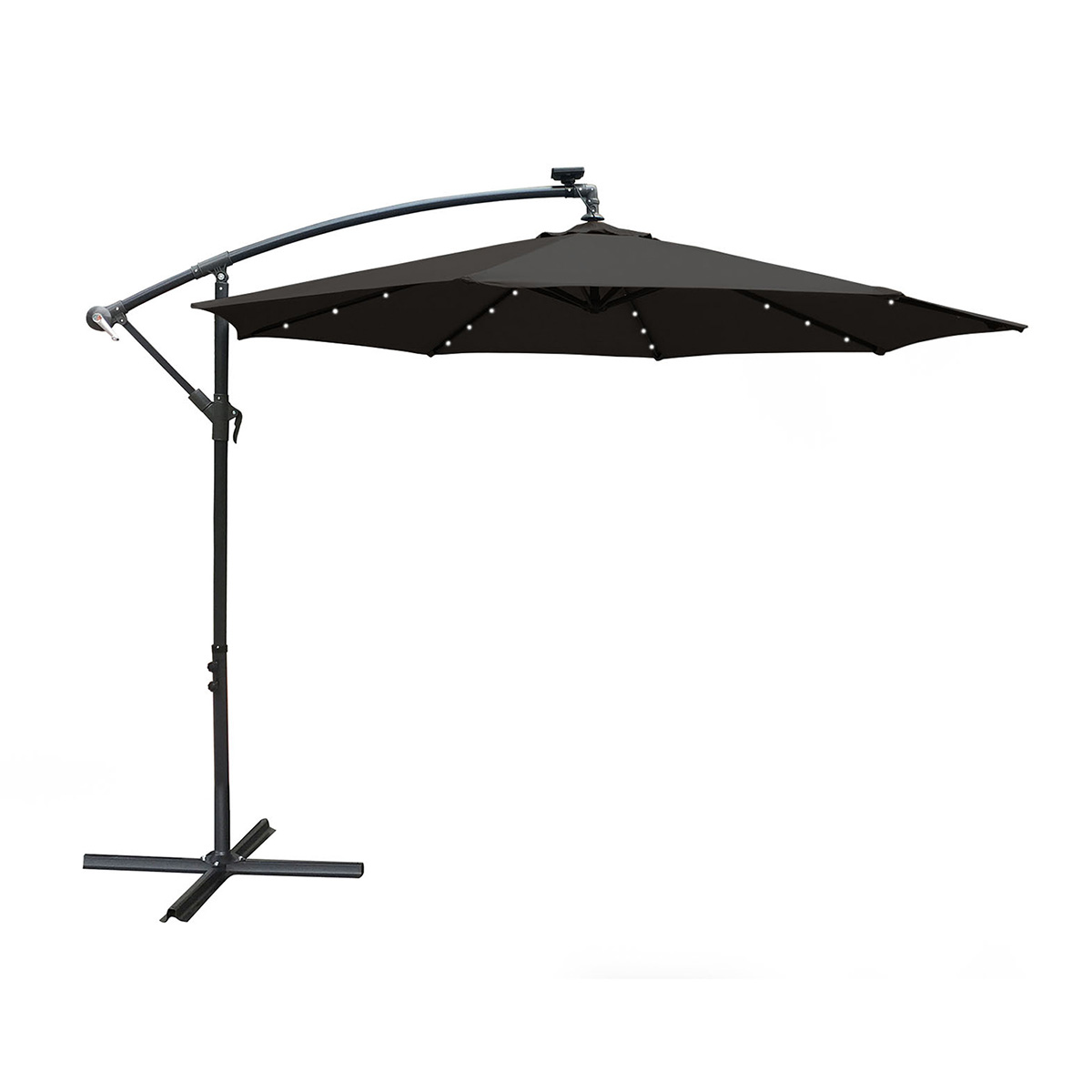 Black 3m banana parasol with a curved metal frame and solar LED spotlights, featuring a spacious canopy and a sturdy base (not included).