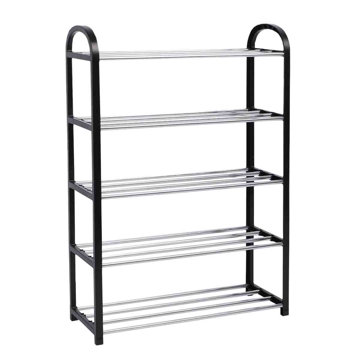 Black metal shoe rack with five tiers, featuring a sleek design and sturdy chrome-plated shelves for organized shoe storage.