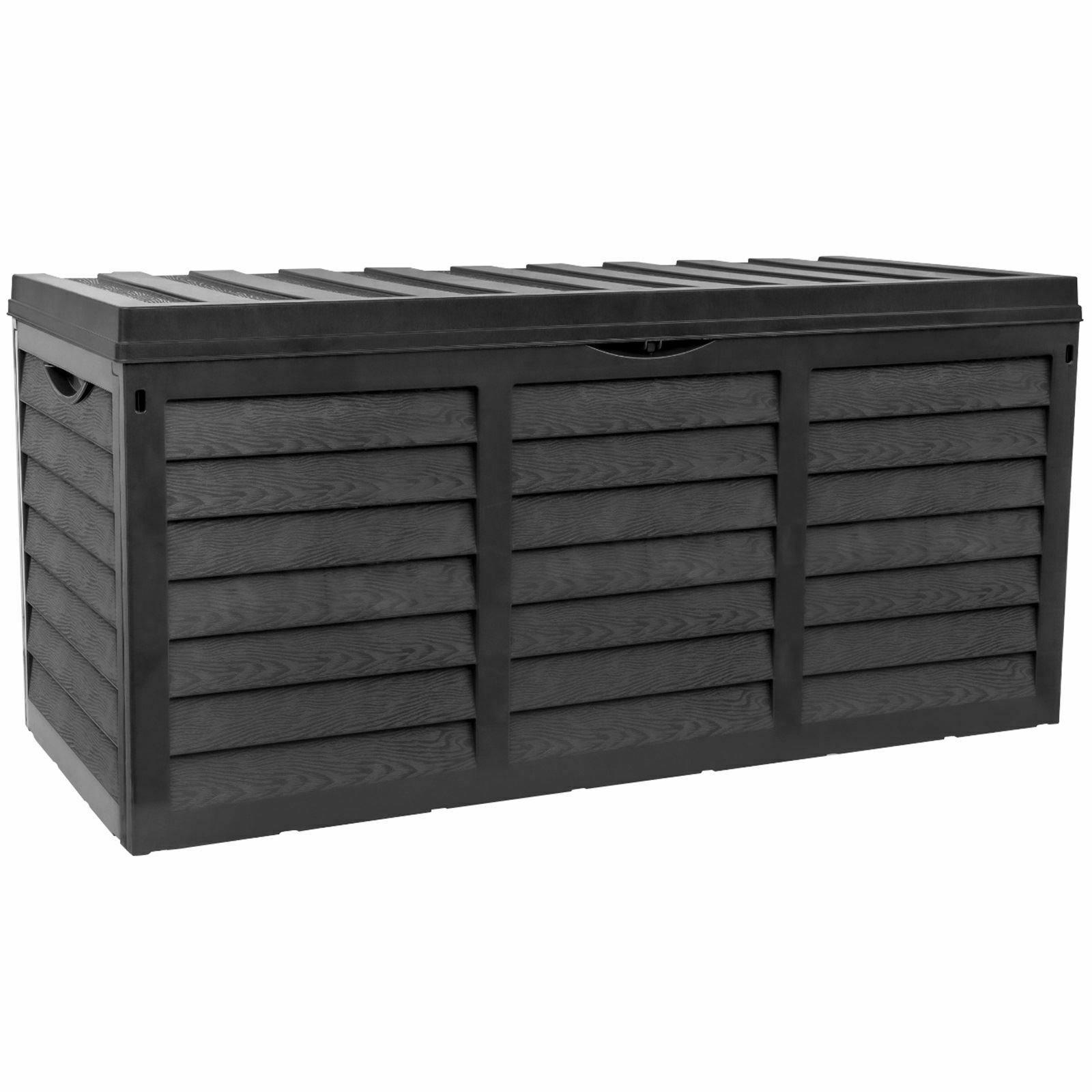 Large 320L outdoor storage box in black, made of durable plastic, featuring a slatted design, a hinged lid, and side handles for easy movement.