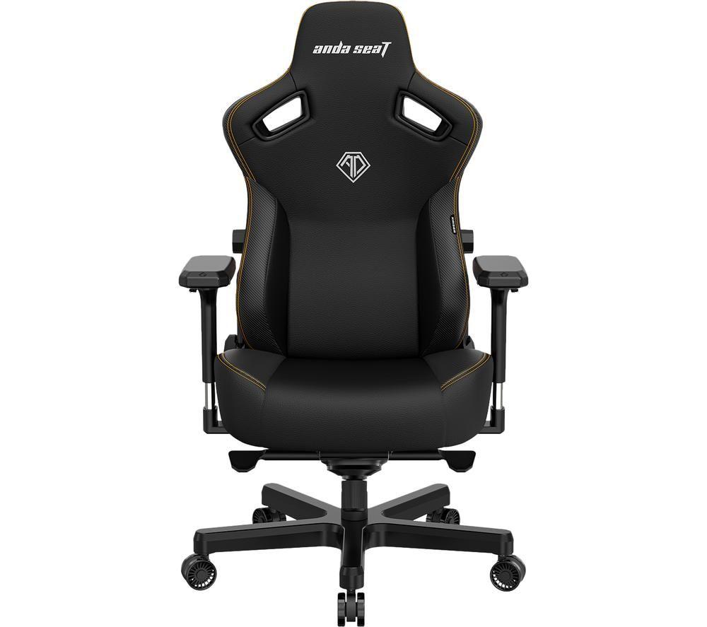 Black ergonomic gaming chair with a high back, orange stitching, adjustable armrests, and a sturdy five-point base, designed for comfort during long gaming sessions.