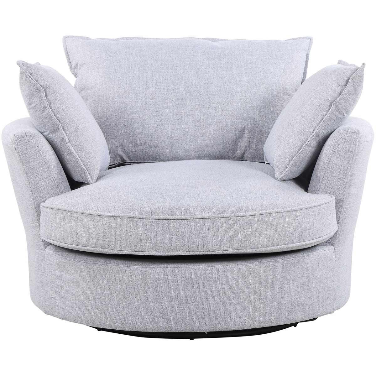 Soft smoke-colored swivel cuddle chair with a rounded design, plush cushions, and two accent pillows, featuring a smooth fabric upholstery for comfort.