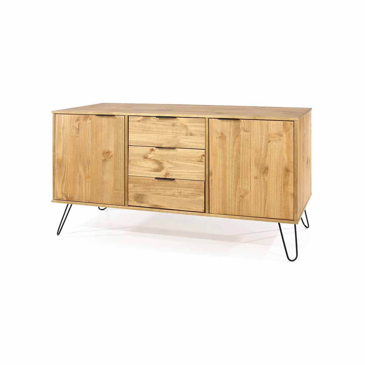 Brown wooden sideboard featuring two doors and three drawers, supported by sleek metal legs, showcasing a modern design with a natural finish.