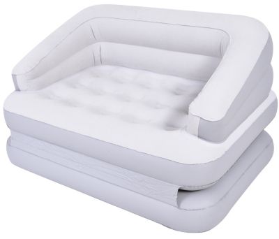 Inflatable sofa in gray and white, measuring 198 x 138 x 62 cm, features a tufted surface and convertible design for use as a double air bed, suitable for two people.