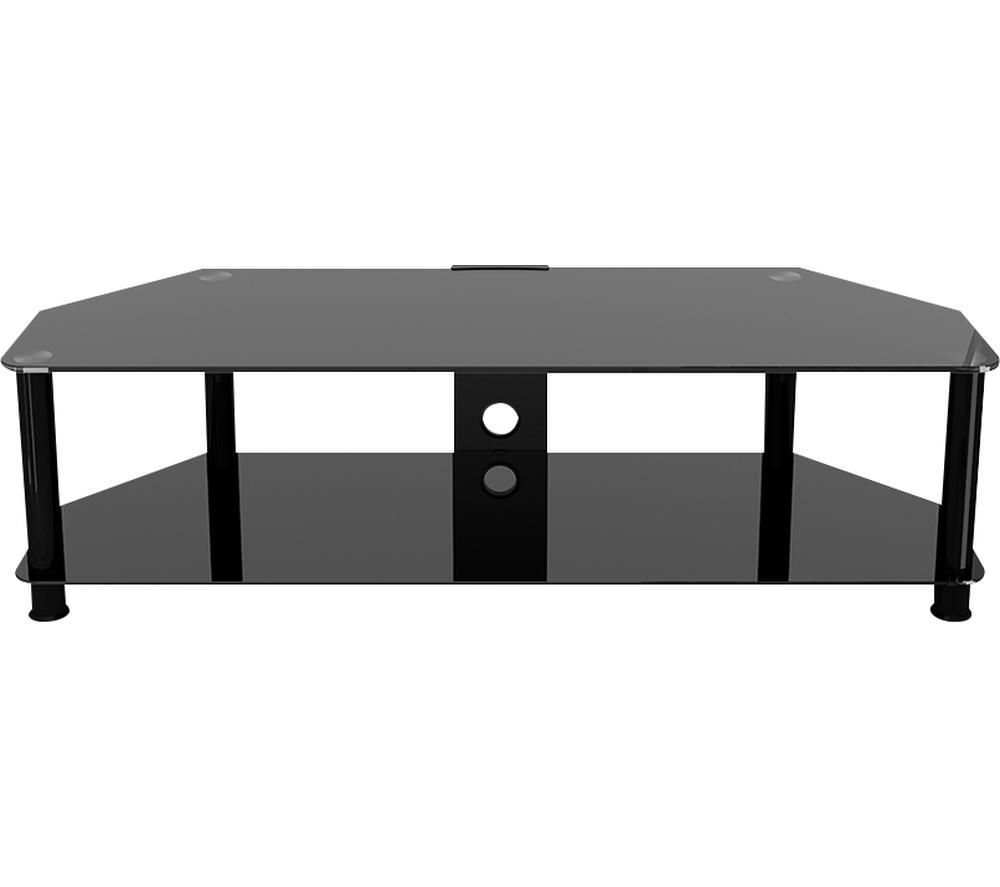 Black TV stand with a sleek design, featuring a glass top and lower shelf, supported by sturdy black legs, and a cable management hole at the back.