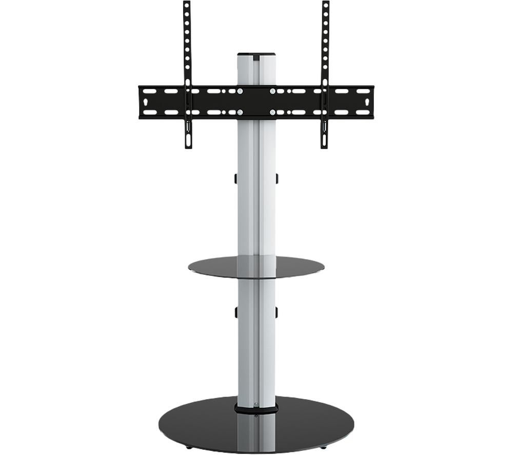 AVF FSL600ENSB TV stand with a sleek black and silver design, featuring a central pole, two glass shelves, and a mount for flat-screen TVs.